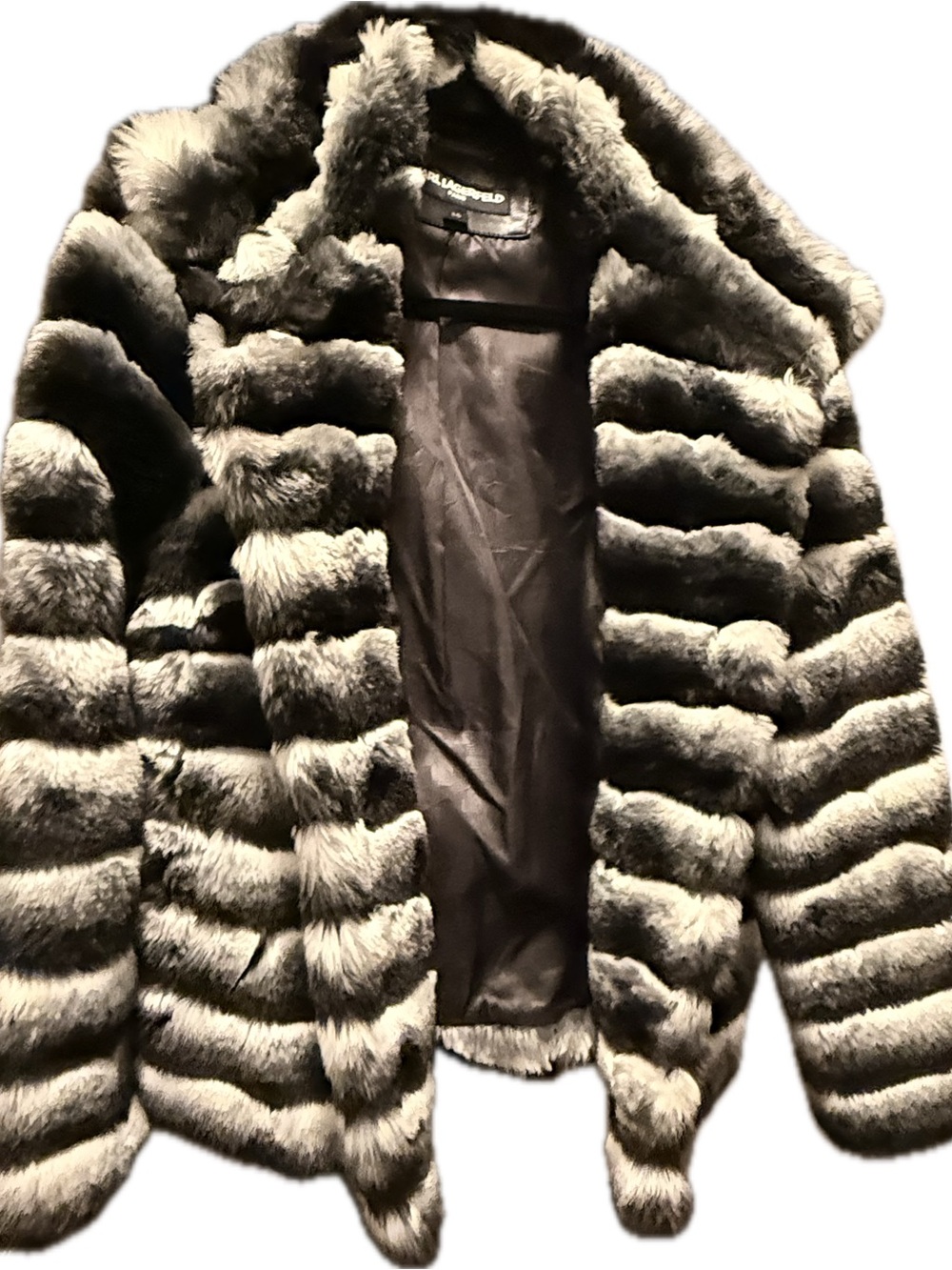 Karl Lagerfeld Faux Fur Striped Teddy Jacket in Black and Gray